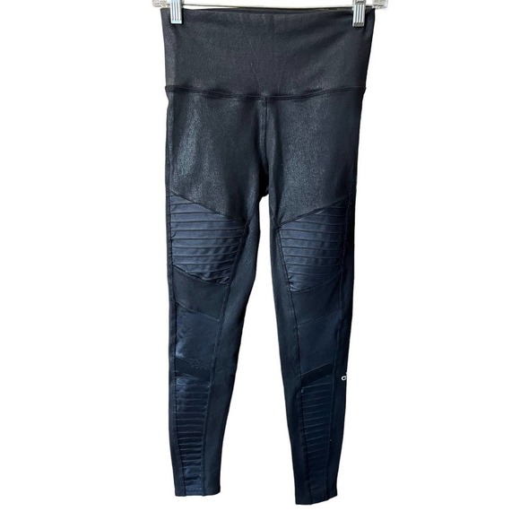 ALO Yoga Pants - Alo Yoga Black Moto Pleated Coated Stretch Legging Pants Women's Size Small